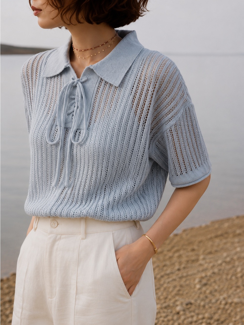 Women’s Light Blue Open-Knit Polo Tie-Neck Sweater